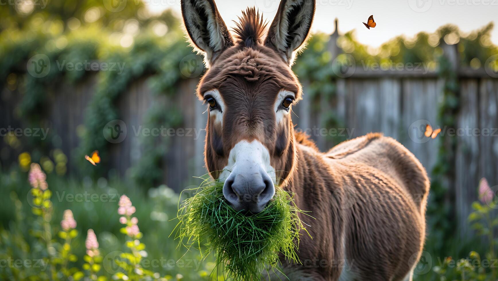 Donkey Eating Grass in a Lush Field with Butterflies Flying photo