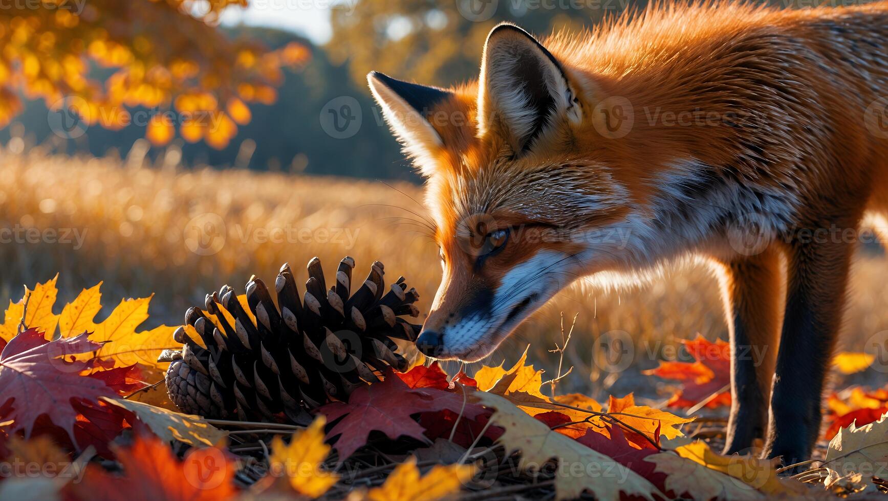 Fox Sniffing Pinecone Among Colorful Autumn Leaves in Golden Light photo