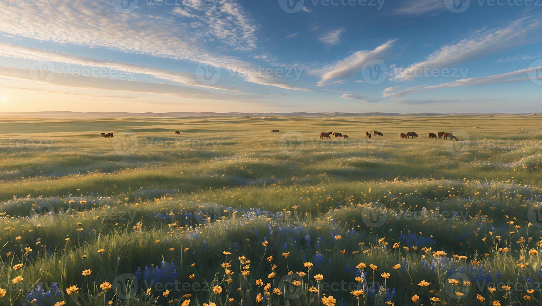 Cows Grazing in Open Meadow with Wildflowers Under a Cloudy Sky photo