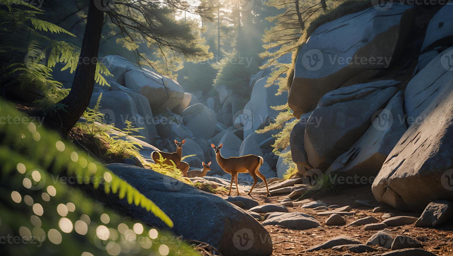 Deer Family in Sunlight Glade Along Stone Trail in Forest photo