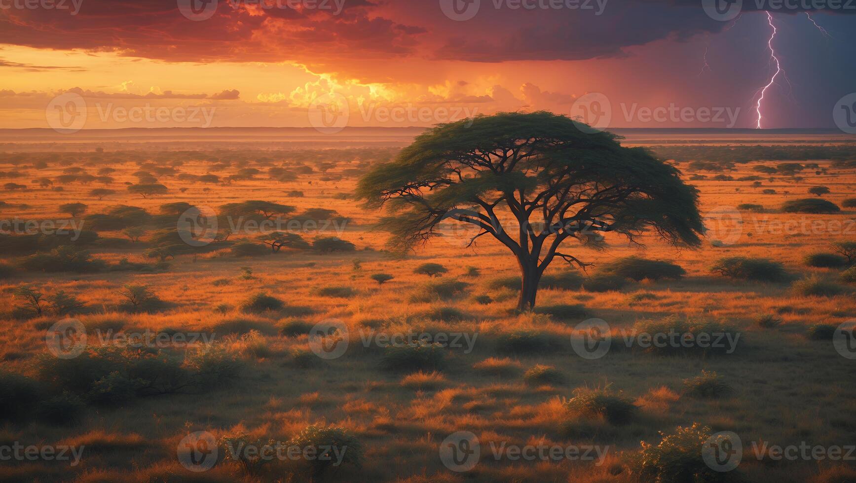 Lone Tree on Savannah Plains with Dramatic Sunset and Lightning photo