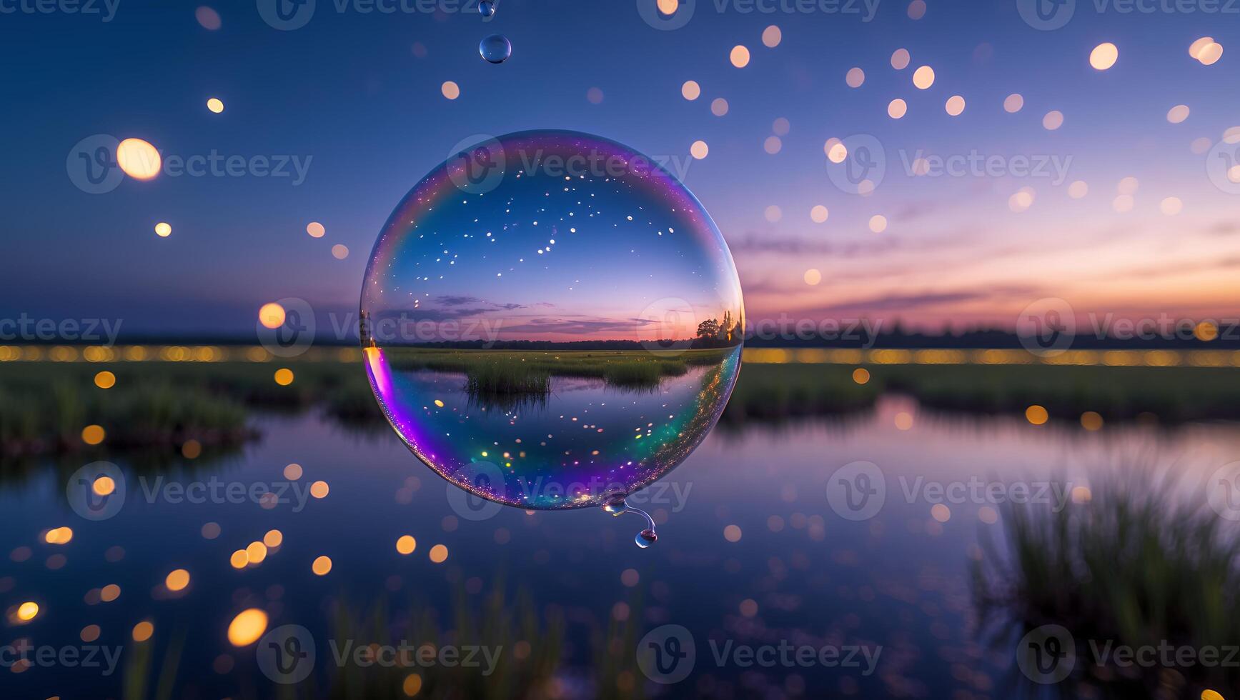 Soap Bubble Reflects Sunset Colors Over Tranquil Water Landscape Scene photo