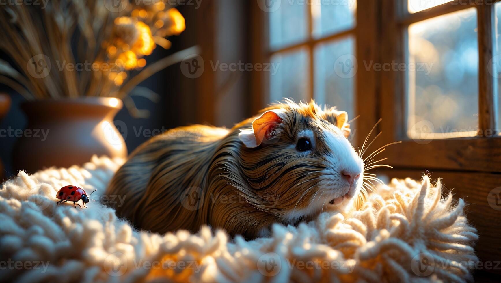 Guinea Pig Relaxing on Fluffy Blanket Near Window with Ladybug photo