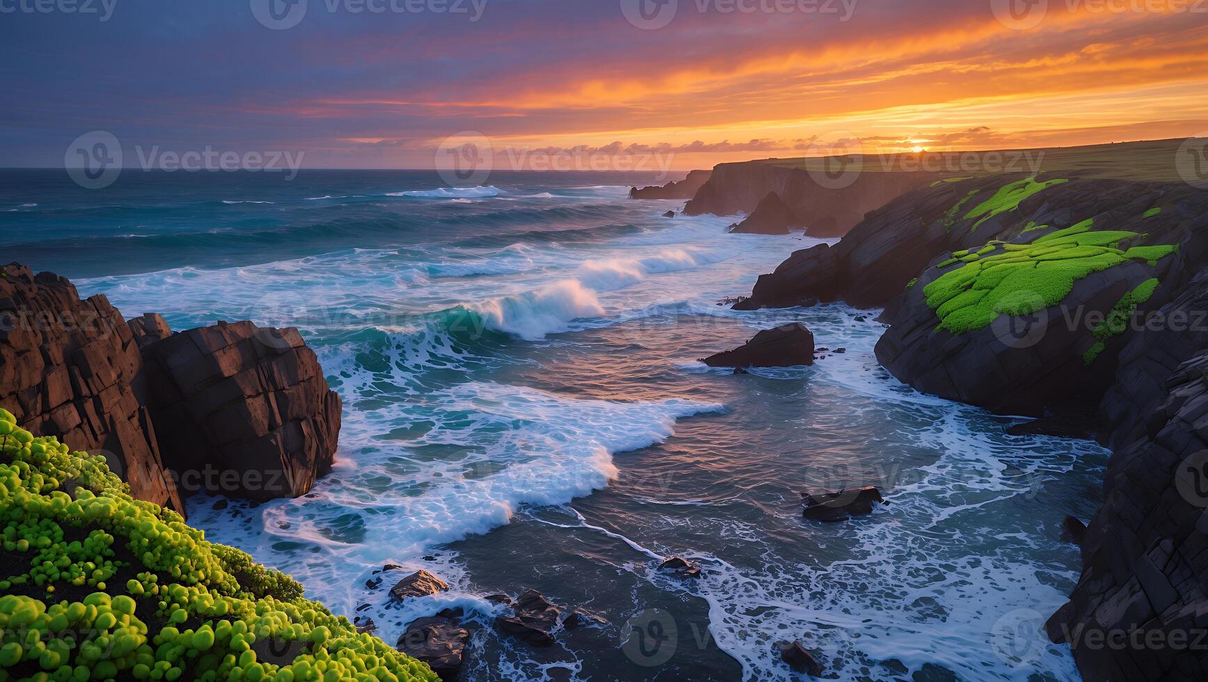 Coastal Cliffs Meeting Ocean Waves at Colorful Sunset Scenic Landscape photo
