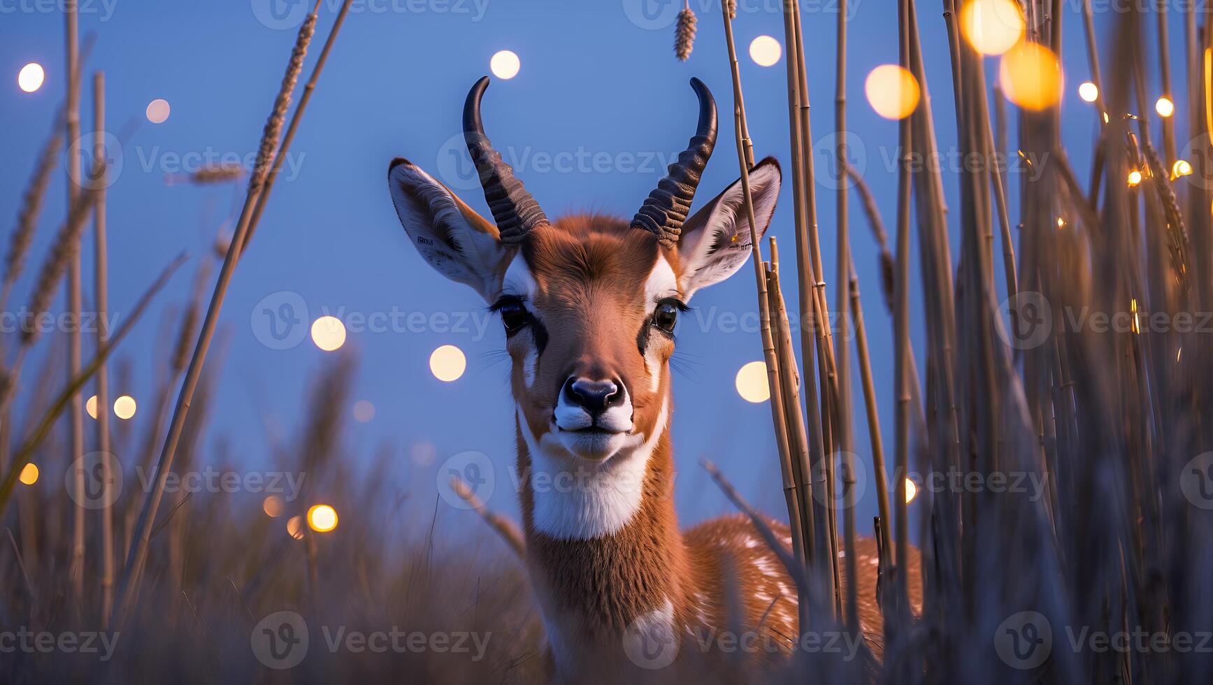 Antelope Standing Calmly in Tall Grass with Bokeh Lights photo