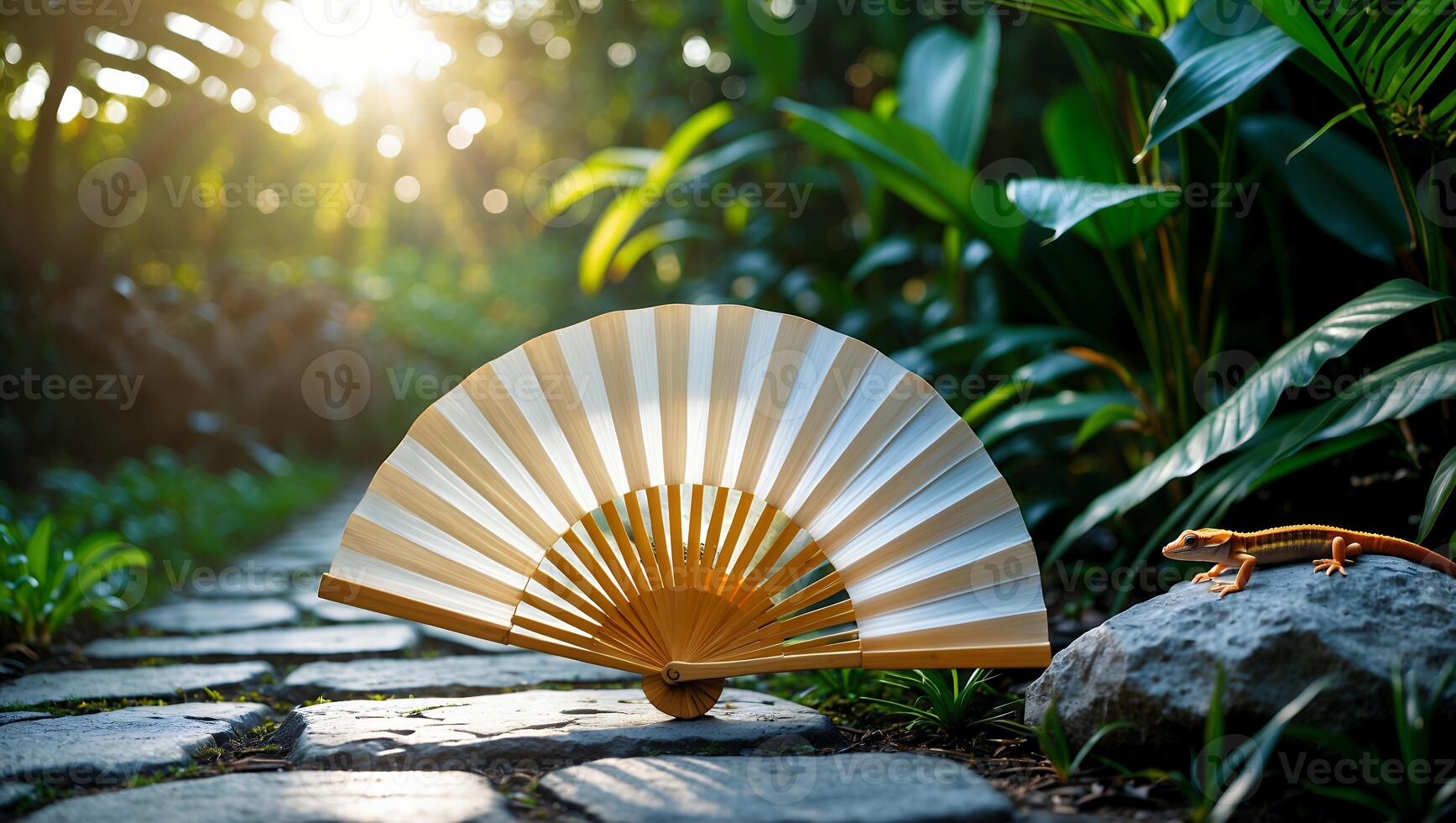Hand Fan Resting on Stone Path in Lush Tropical Garden photo