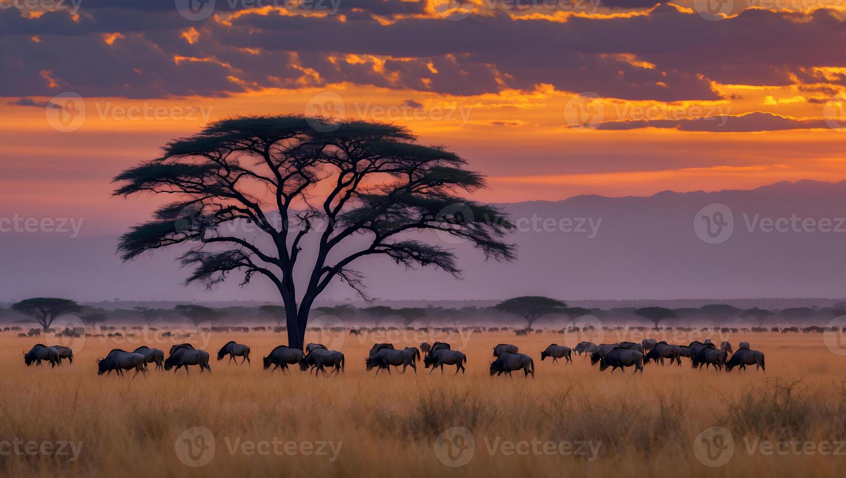 Wildebeest Grazing Under Silhouette Tree at Dusk with Colorful Sky photo