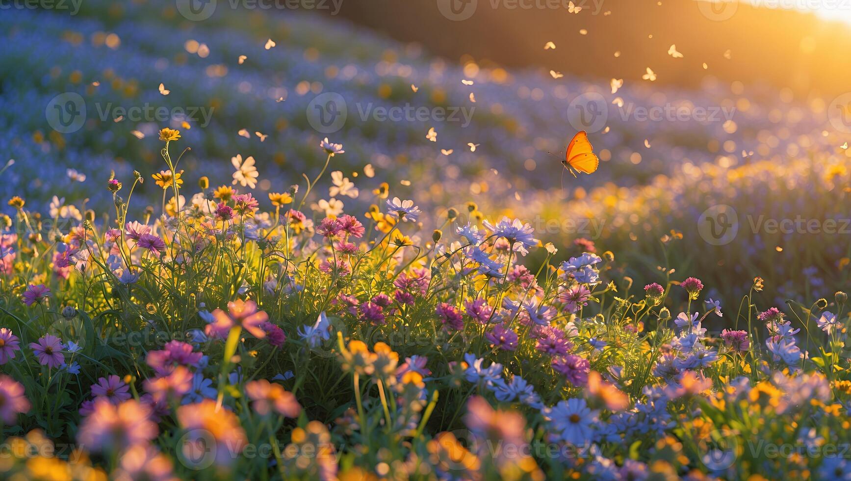 Butterfly Flying Above Colorful Flower Field During Golden Hour Lighting photo
