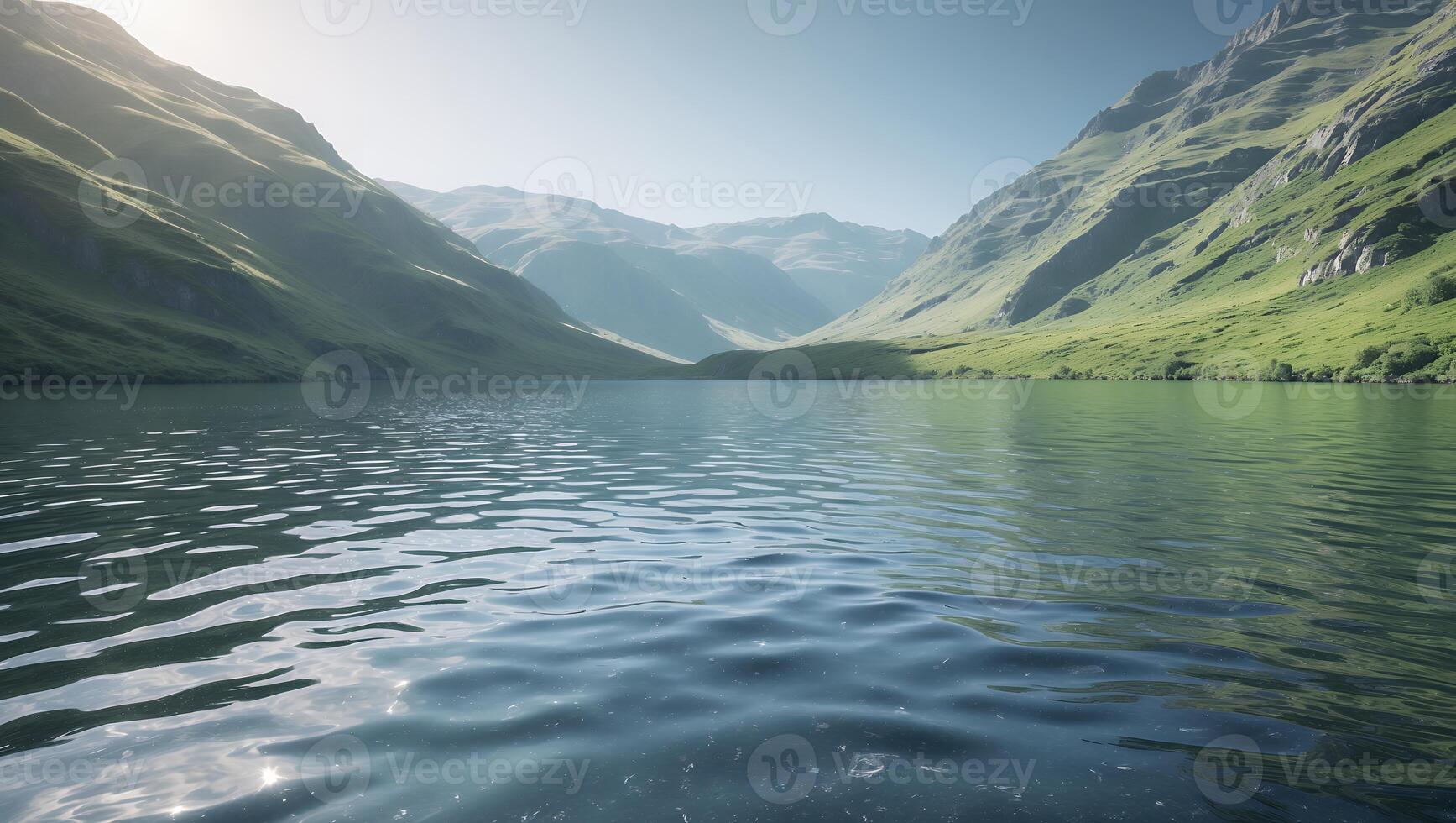 Tranquil Lake Surrounded by Green Mountains Under Clear Sky photo