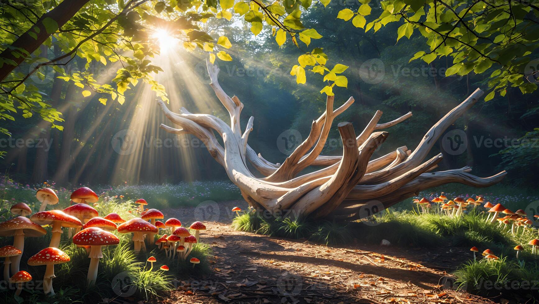 Sunlight Through Forest with Mushrooms and Fallen Tree Trunk photo