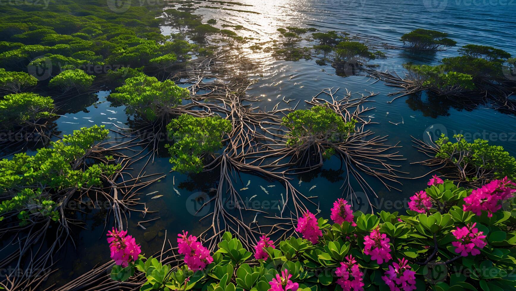 Exploring Mangrove Roots and Pink Flowers Reflecting in Calm Water photo