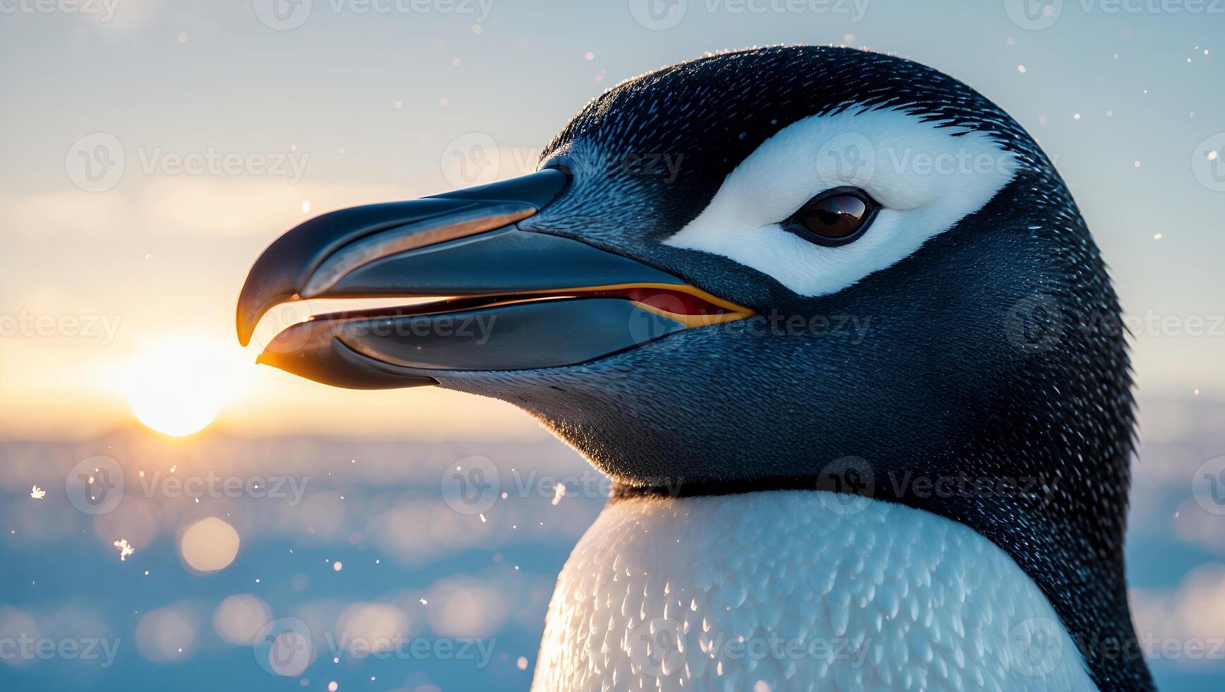 Penguin Head Close-up Looking at Sunrise in Snowy Antarctica photo