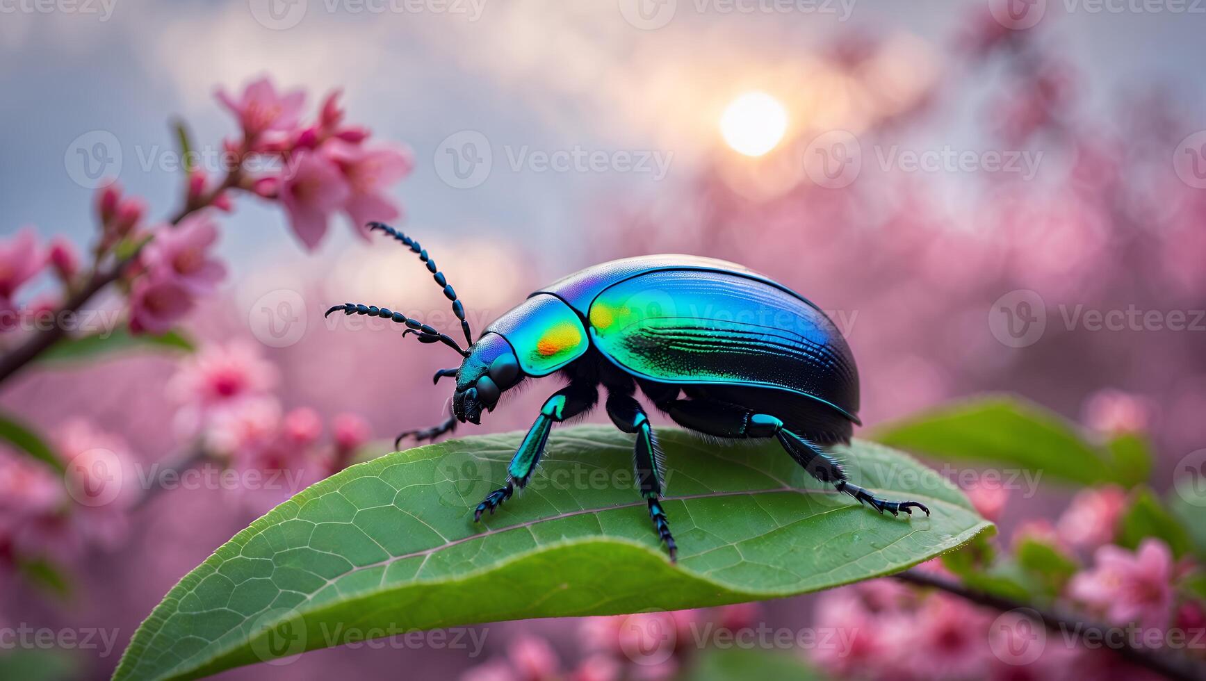 Iridescent Beetle Resting on Green Leaf in Pink Blossom Setting photo