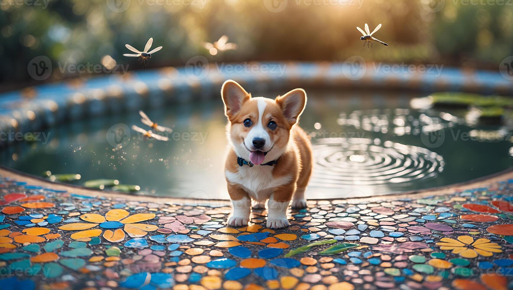 Cute Puppy Standing Near Garden Pond with Dragonfly in Sunlight photo