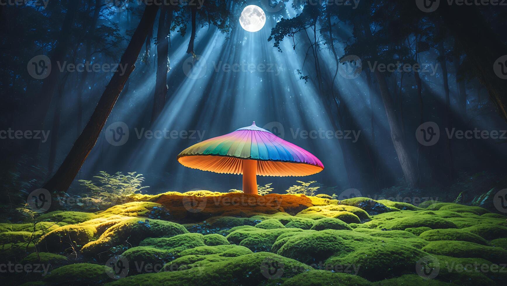 Colorful Mushroom Glowing in Forest Under Moonlight with Mossy Ground photo