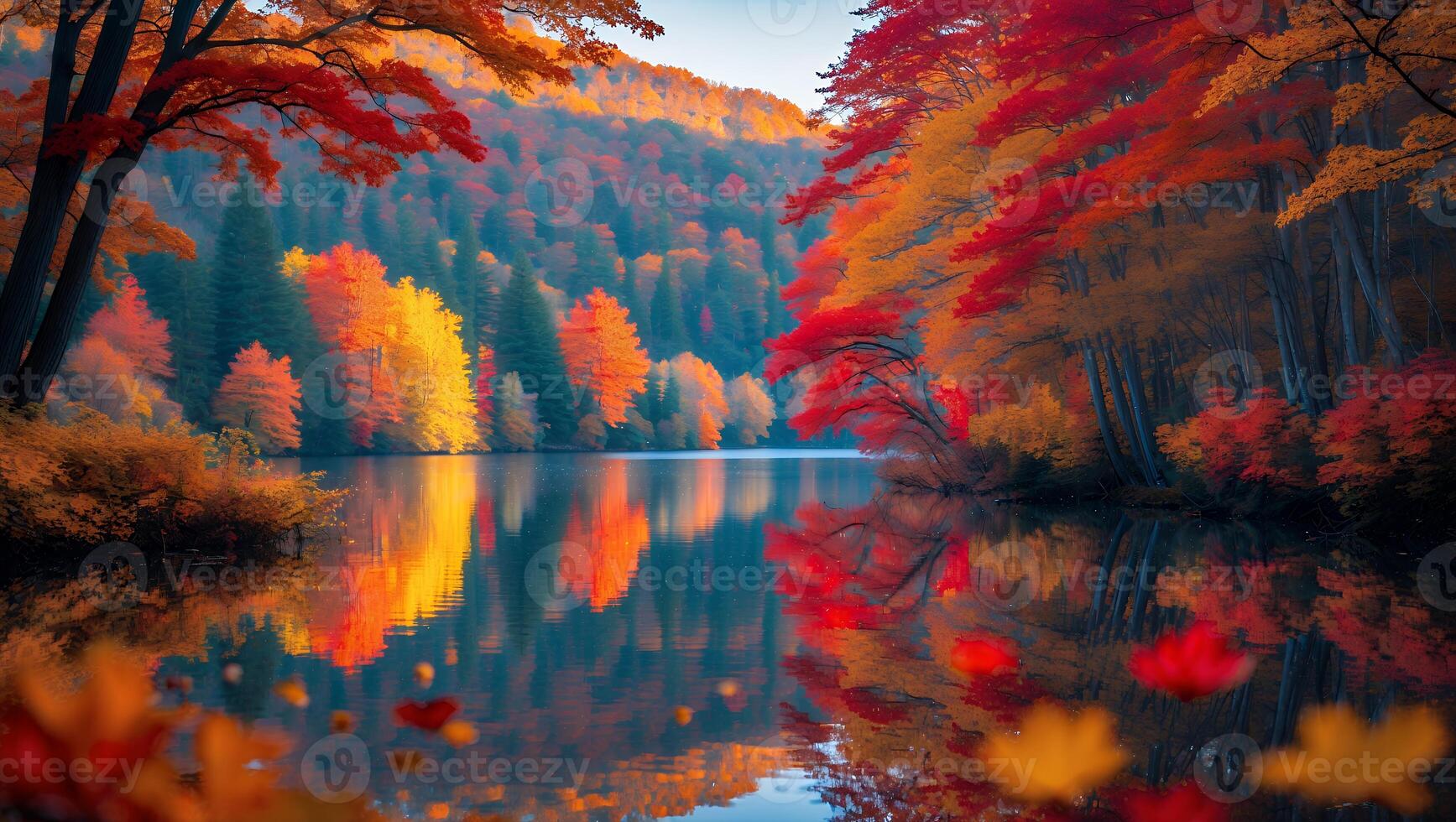 Scenic Autumn Lake Reflection with Colorful Forest Trees in Fall photo