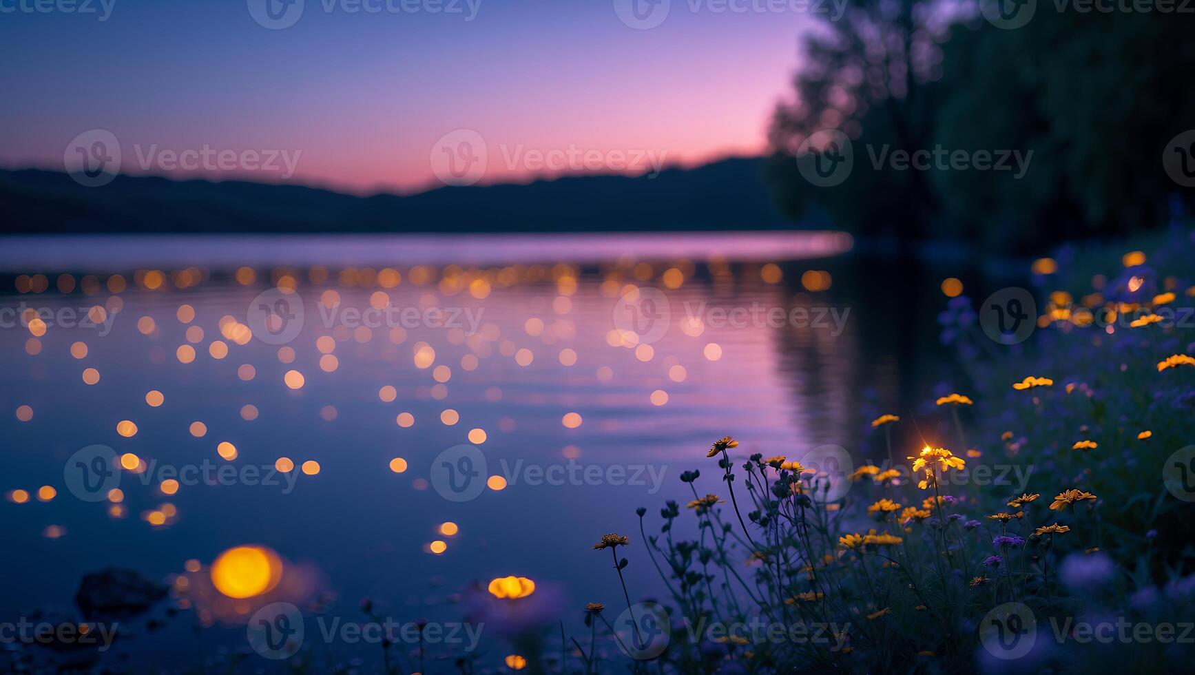 Lake at Dusk with Flower Foreground and Bokeh Lights Reflection photo