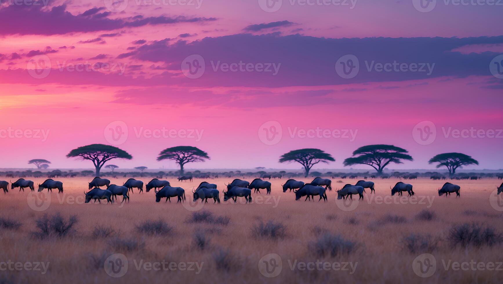 Grazing Herd at Sunset on African Plains with Acacia Trees photo
