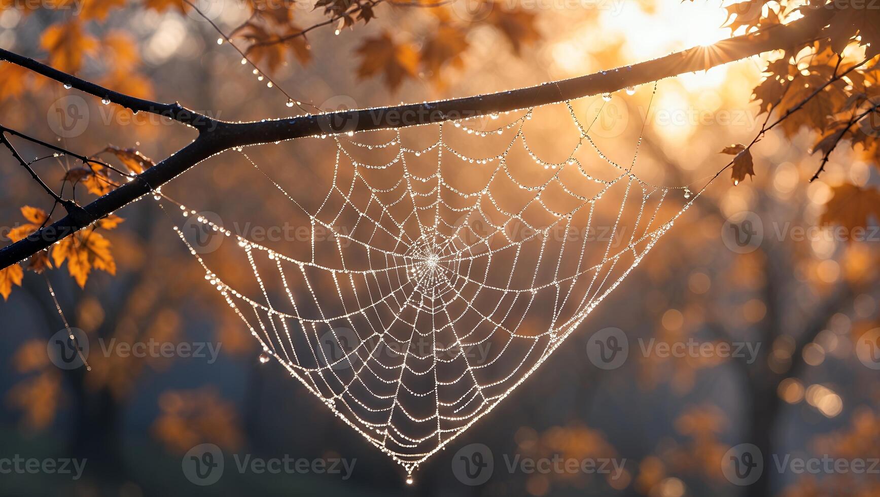Spiderweb with Morning Dew Drops in Autumnal Golden Light photo