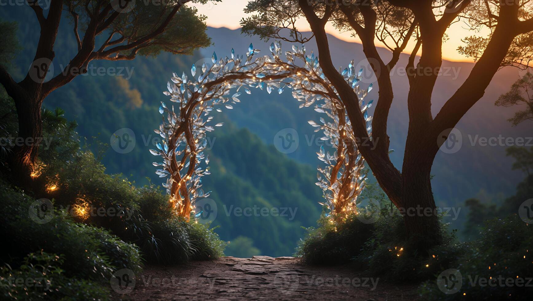 Enchanted Archway Path Leading Into Misty Mountain Landscape at Sunset photo