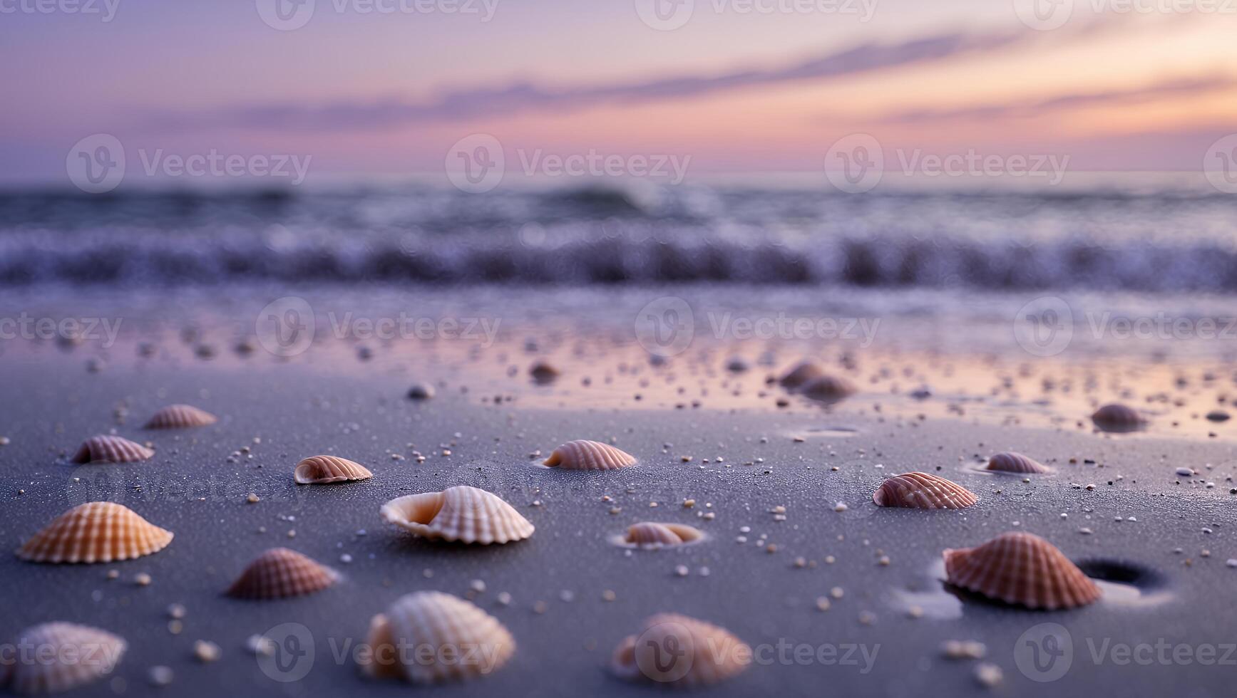 Seashells on Sandy Beach at Dusk Ocean Waves in Background photo