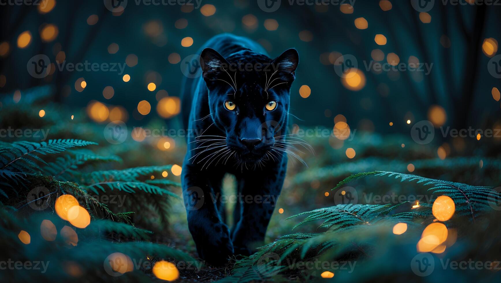 Panther Walking Through Forest with Soft Golden Lights Illuminating Ferns photo