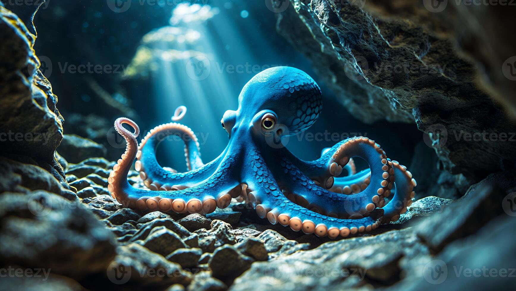 Blue Octopus Resting on Rocky Seafloor with Sunbeams Shining Through photo