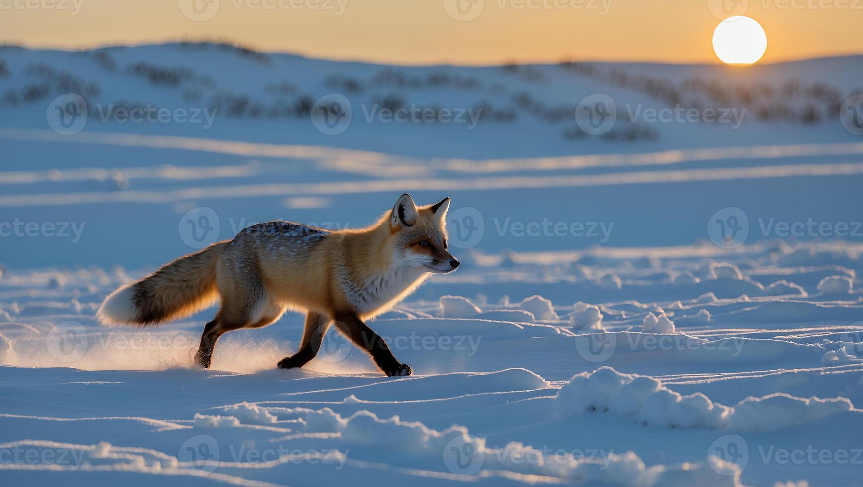 Fox Running Through Snow at Sunset on a Cold Winter Day photo