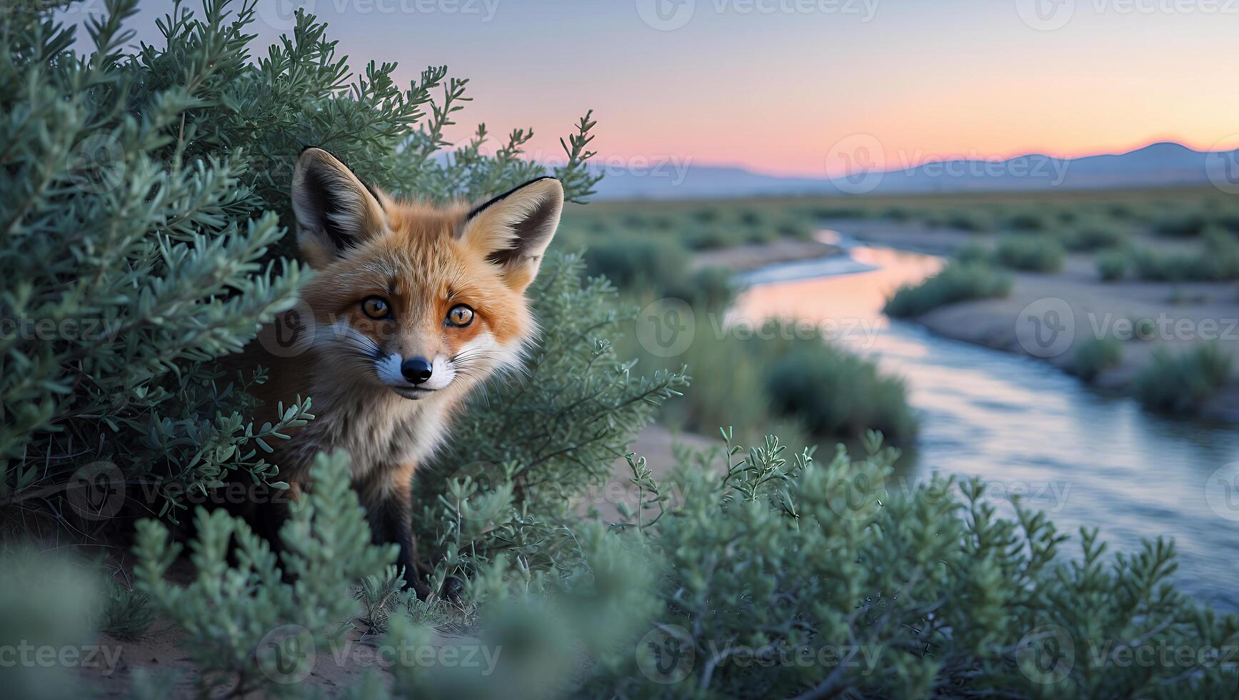 Fox Looking From Bushes by Creek at Sunset, Desert Landscape photo