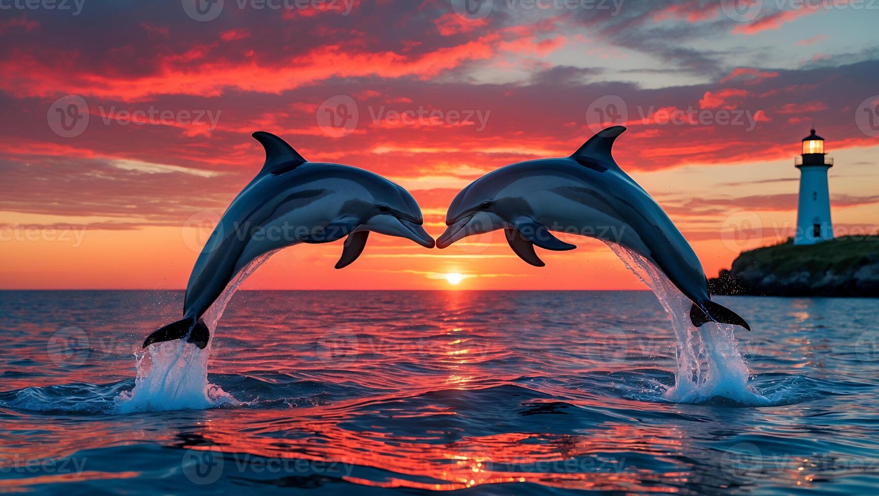 Dolphins Leaping From Ocean Water at Colorful Sunset Near Coastline photo