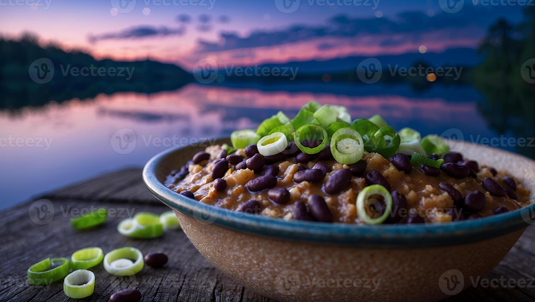 Bowl of Beans on Wooden Surface Against a Twilight Lake View photo
