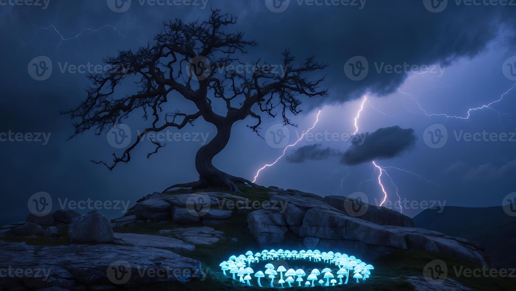 Dramatic Tree Silhouette Against Lightning Sky with Glowing Mushroom Circle photo