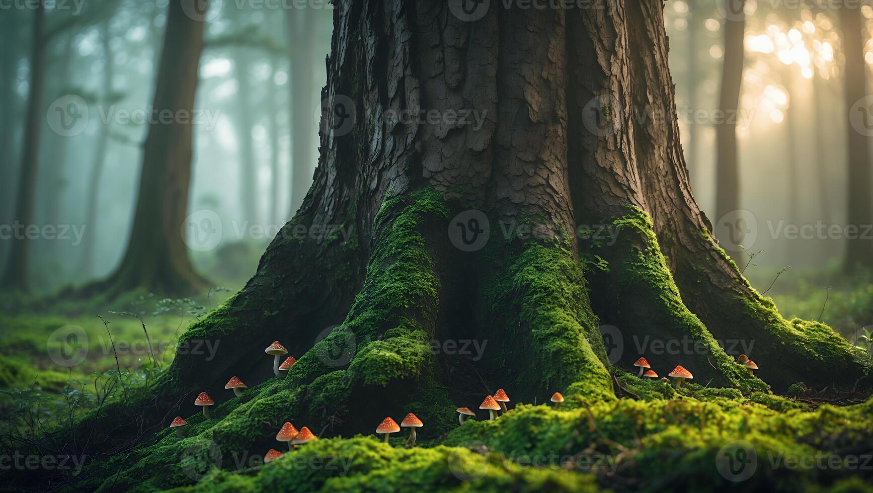 Trunk Covered in Moss with Mushrooms in a Misty Forest photo