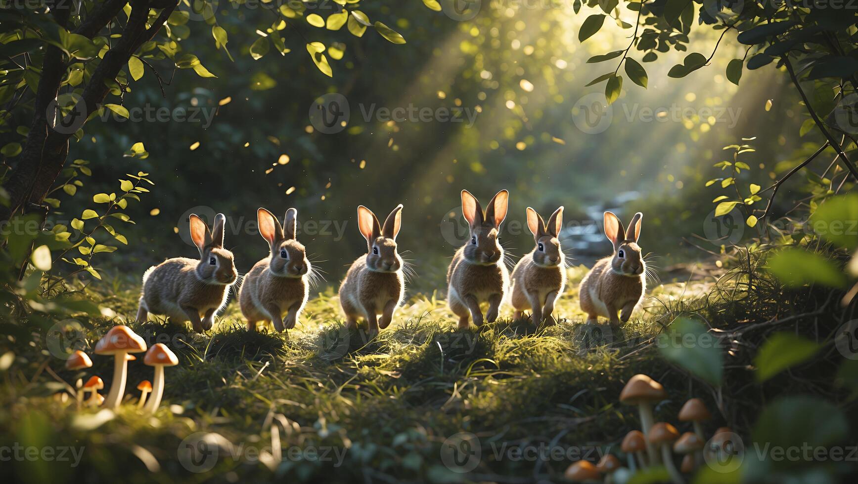 Group of Rabbits Walking Through Sunlit Forest with Mushrooms photo