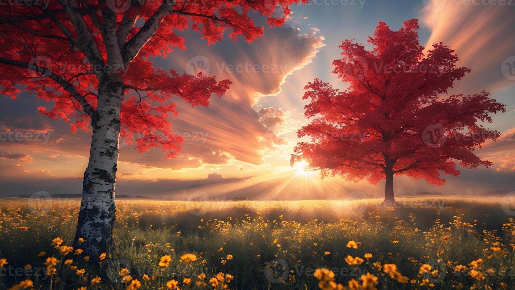 Red Leaf Tree at Sunset in Flower Field with Glowing Sky photo