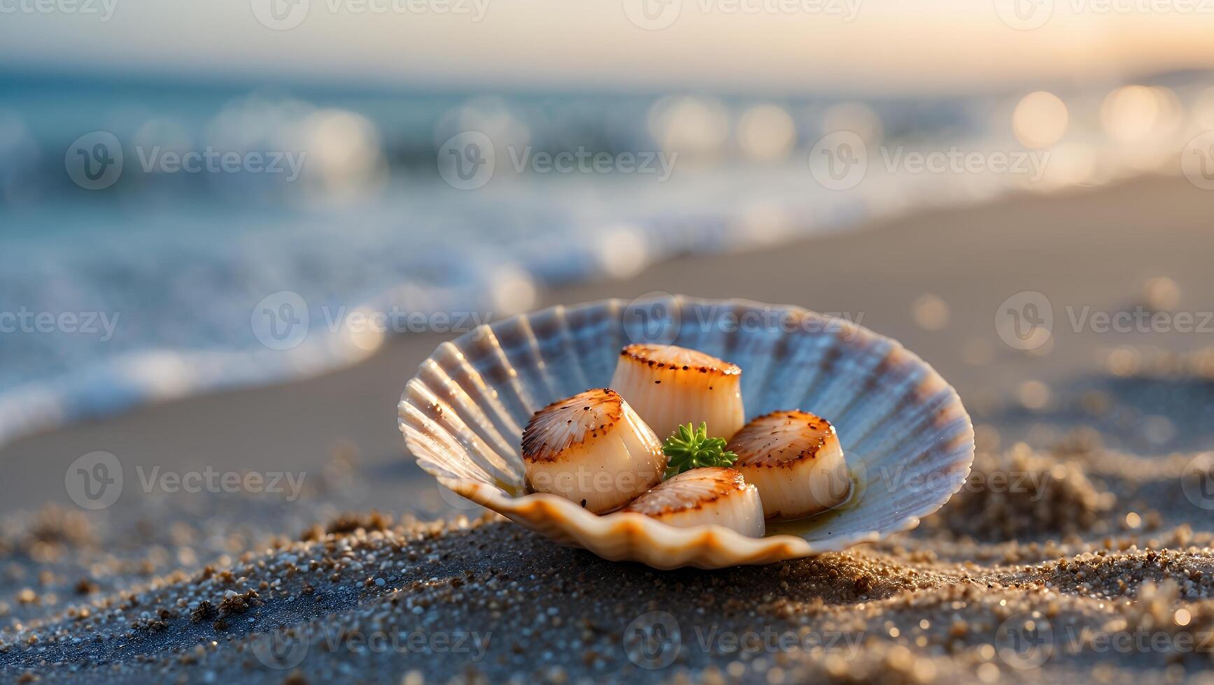 Seared Scallops Served in Seashell on Sandy Beach at Sunset photo