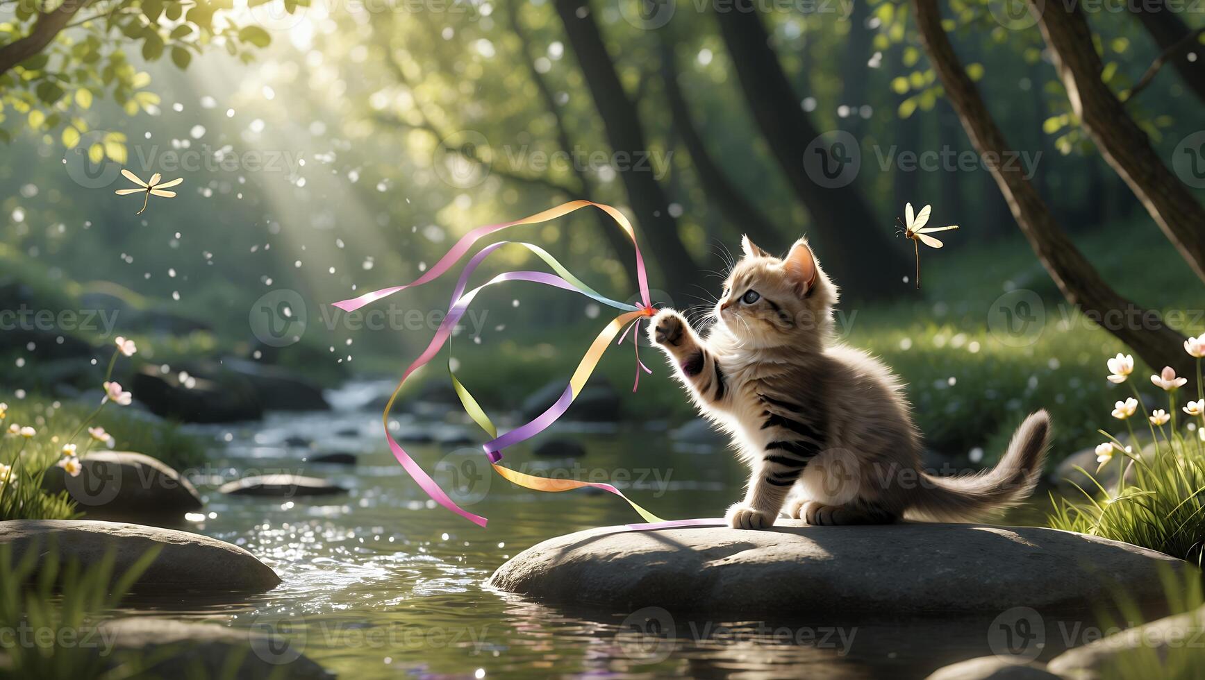 Kitten Playing with Ribbons on River Rock in Forest Setting photo