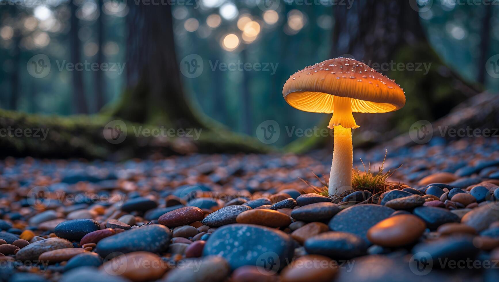 Glowing Mushroom Stands Out in Forest Among Colorful Pebbles photo