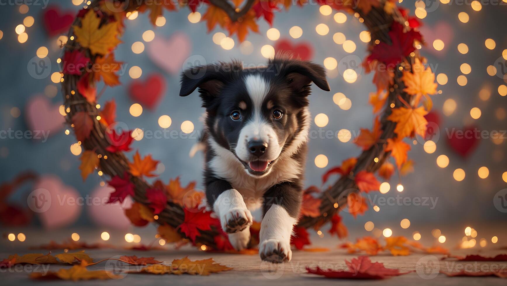 Running Puppy with Heart Shaped Autumn Leaf Garland and Bokeh Lights photo
