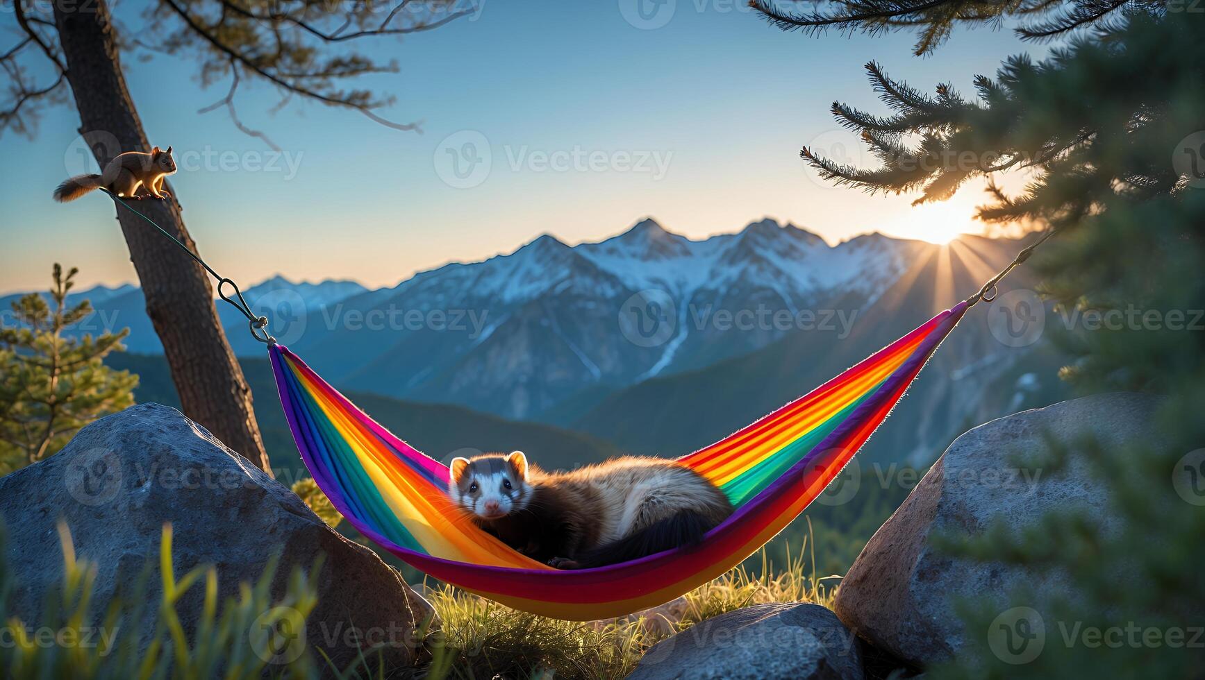 Ferret Relaxing in Hammock with Mountain View and Squirrel photo
