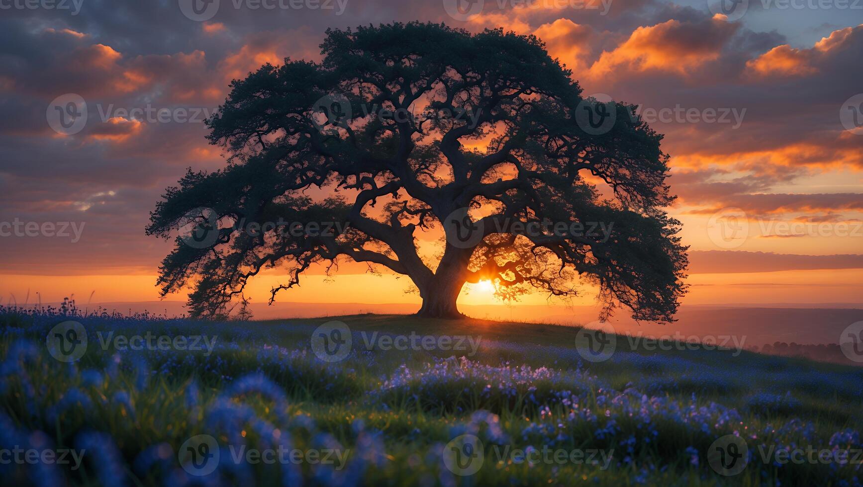 Lone Tree Silhouette on Hillside at Sunset with Colorful Floral Meadow photo