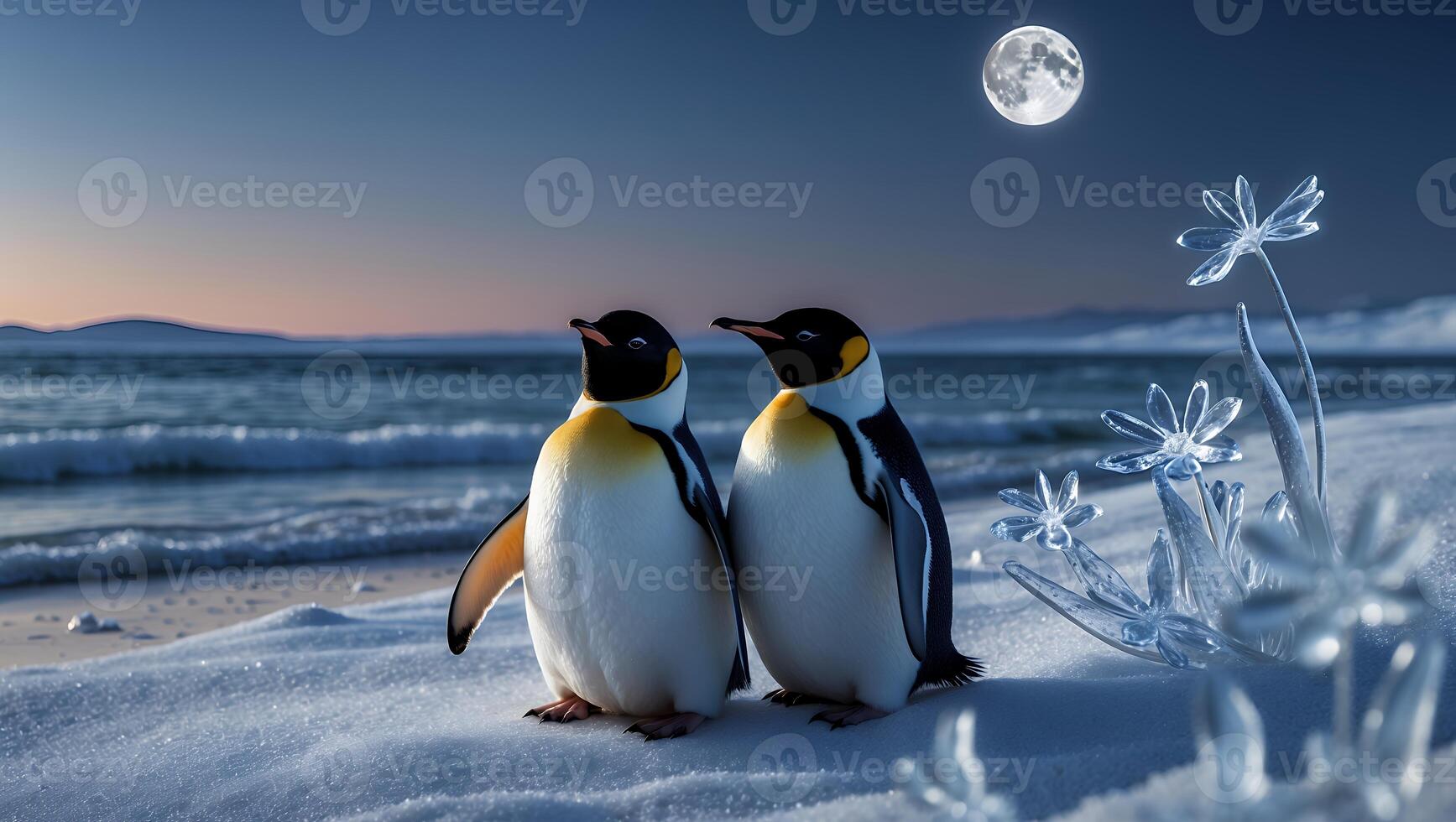 Two Penguins Standing on Snowy Beach Under a Full Moon Sky photo