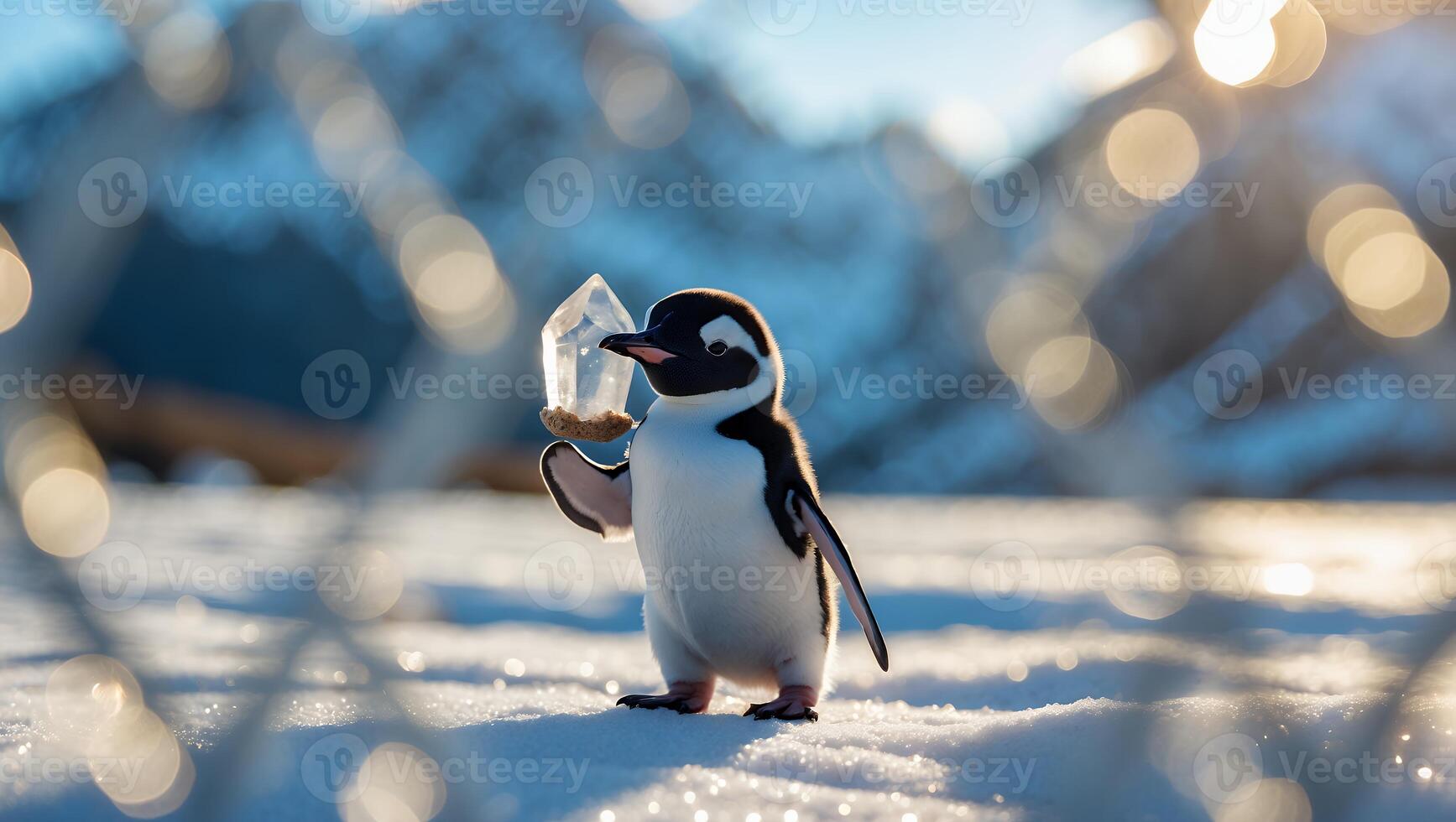 Penguin Holding Crystal Standing on Snow in Winter Landscape photo
