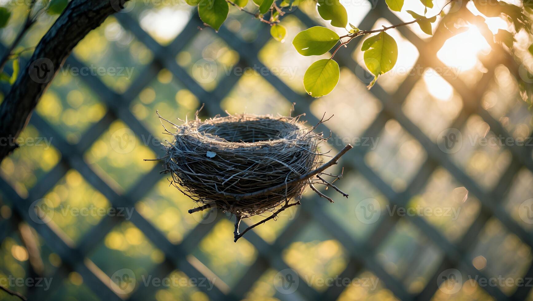 Empty Bird Nest on Branch with Woven Fence and Sunlight photo