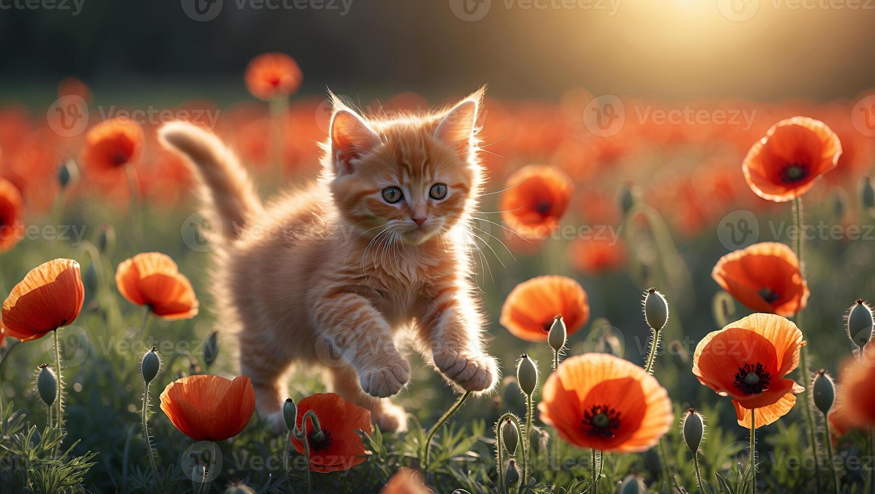 Kitten Pouncing Through Field of Red Flowers in Golden Sunlight photo