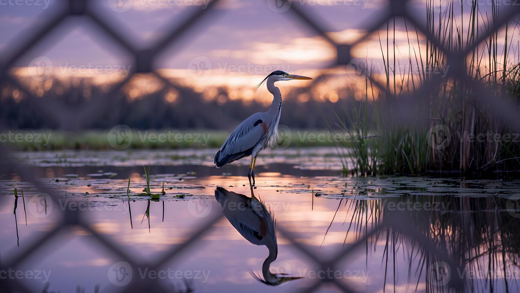 Heron Standing Calmly in Water Reflecting Sunset Sky Through Fence photo