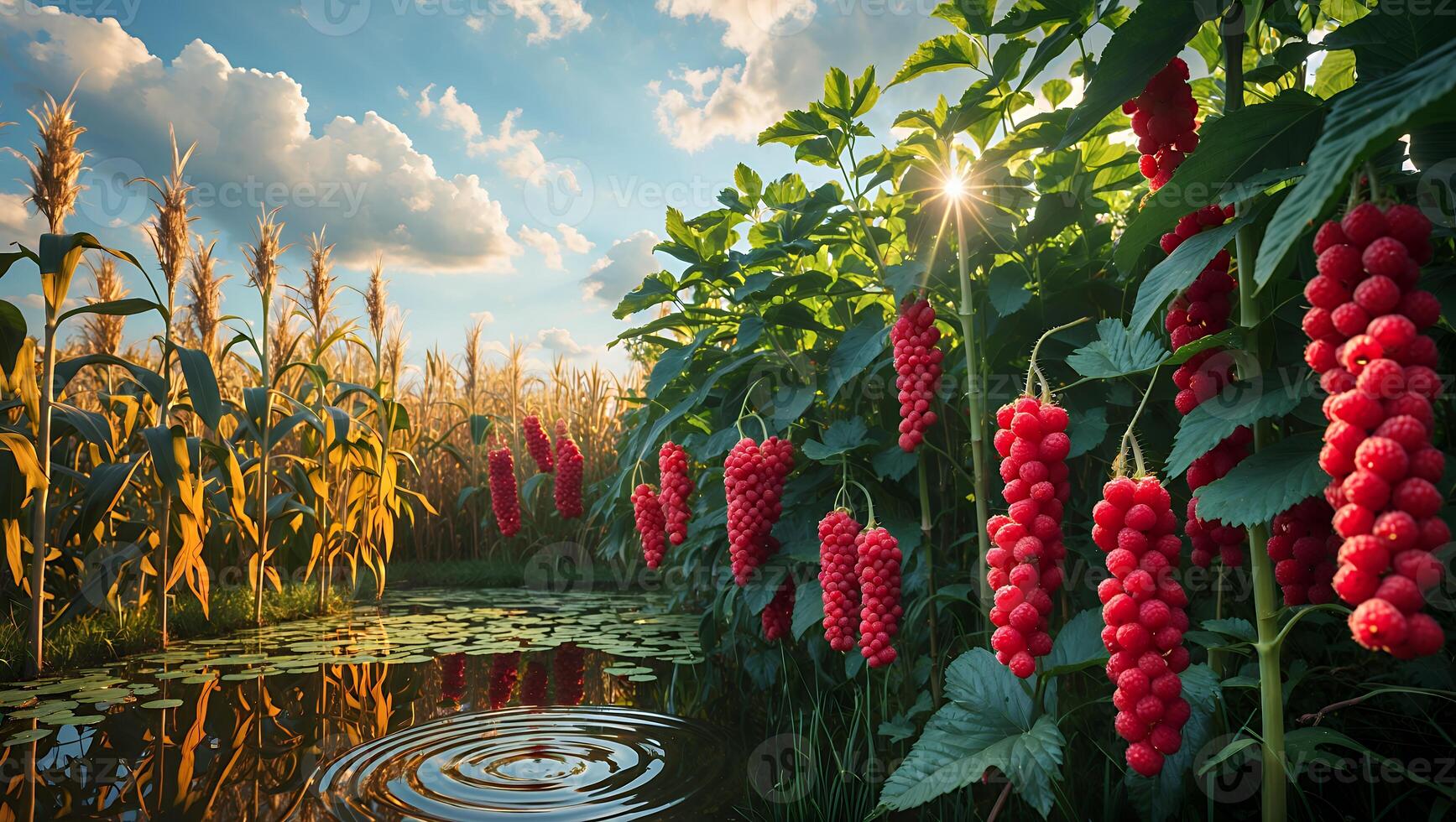 Cornfield and Redcurrant Bushes Reflecting in Water at Golden Hour photo