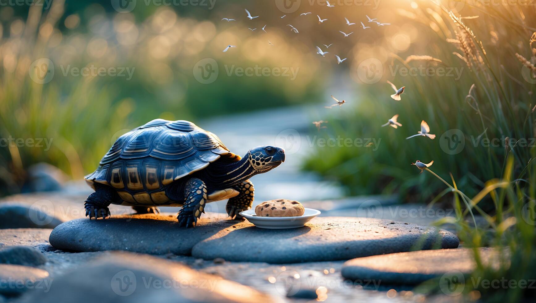 Turtle Approaching Cookie on Stone Path with Birds in Flight photo