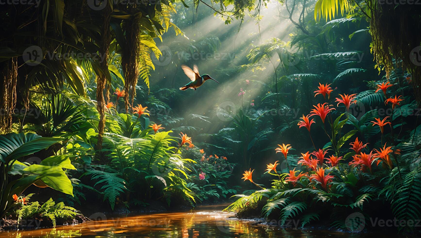 Hummingbird Flying in Serene Lush Jungle with Flowers and Sunlight photo