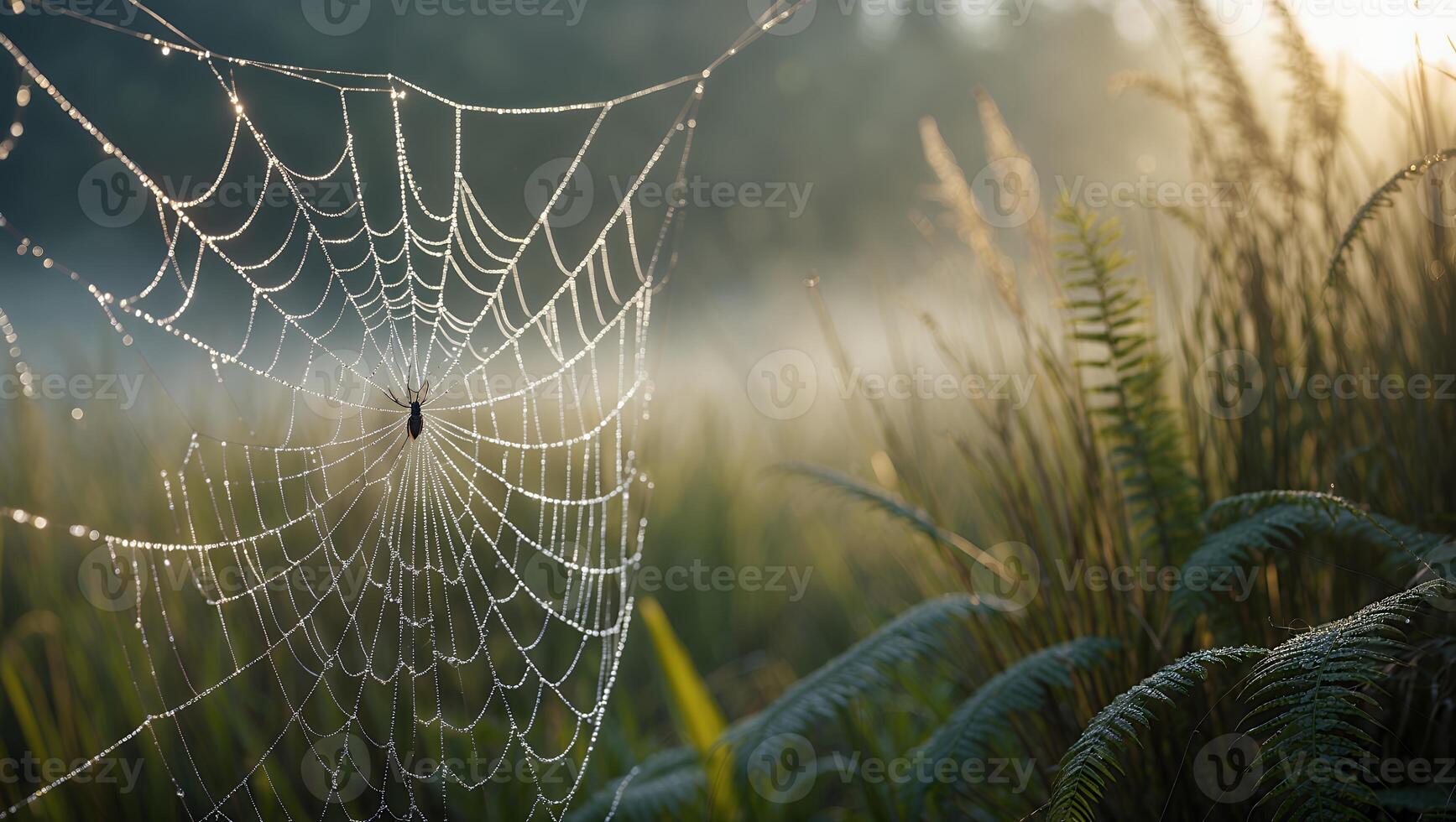 Spider Web Glistening with Dew in a Dewy Field at Sunrise photo